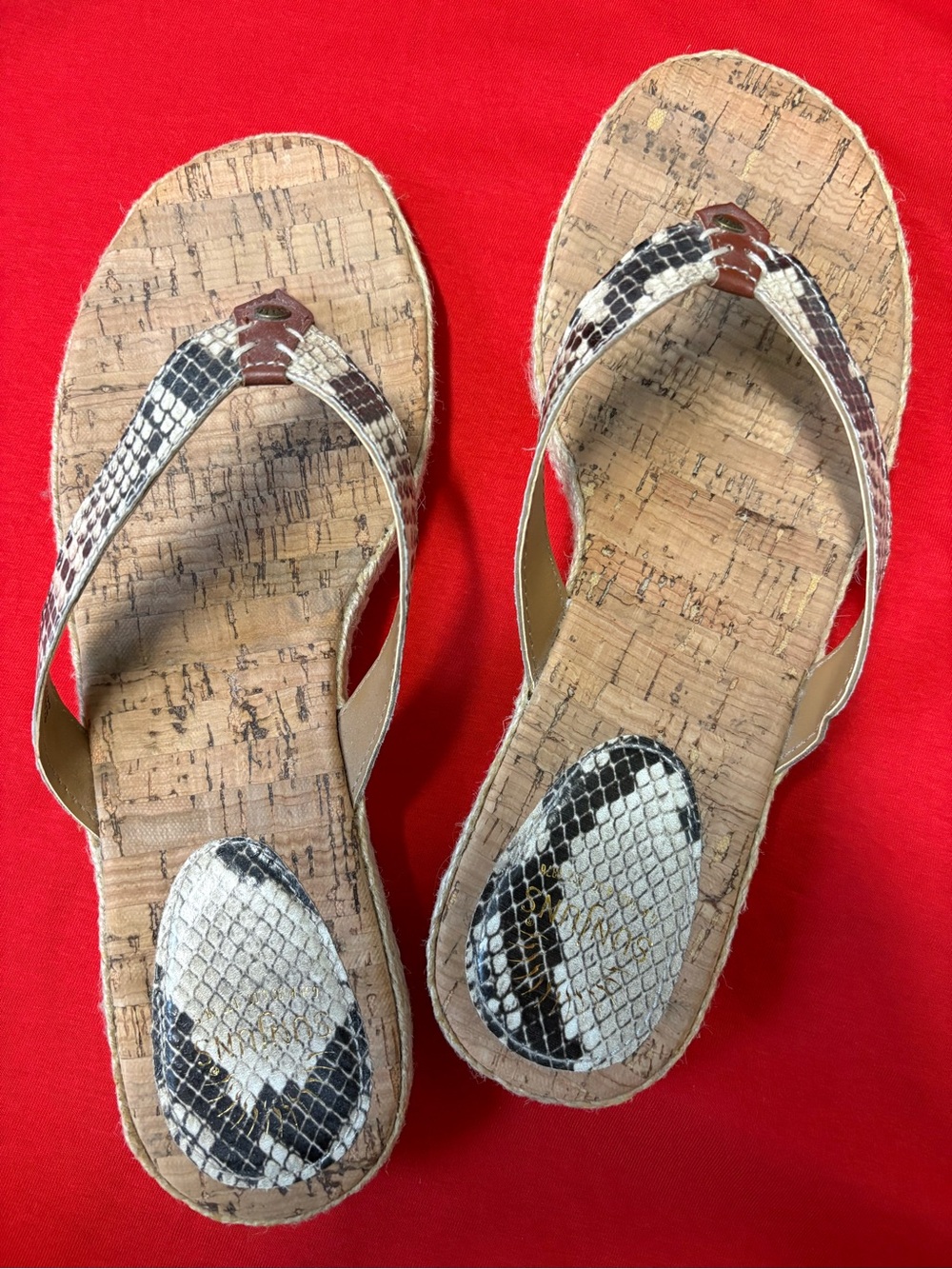 Bass Women's Cork Thong Sandals in Black and White Snake Print